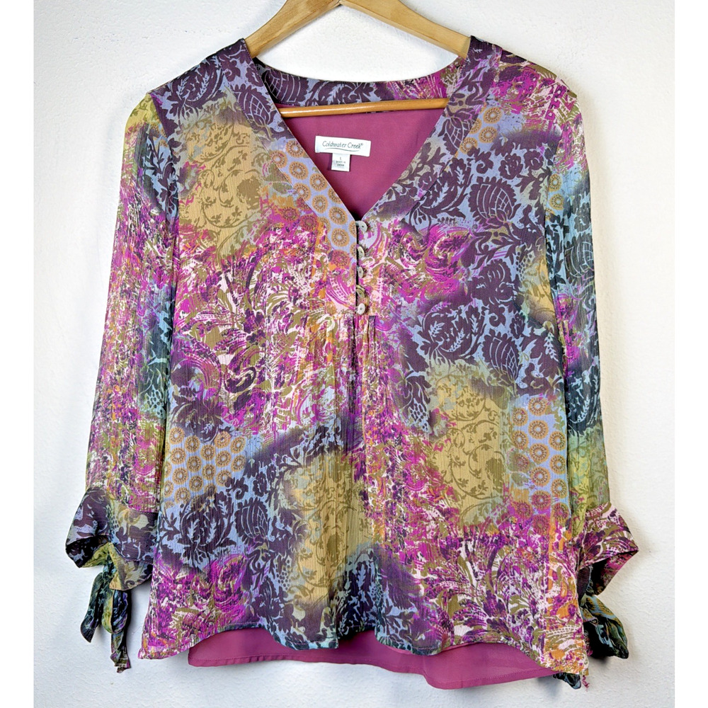 Coldwater Creek womens large 100% silk lined bohemian feminine whimsygoth blouse - Picture 2 of 12
